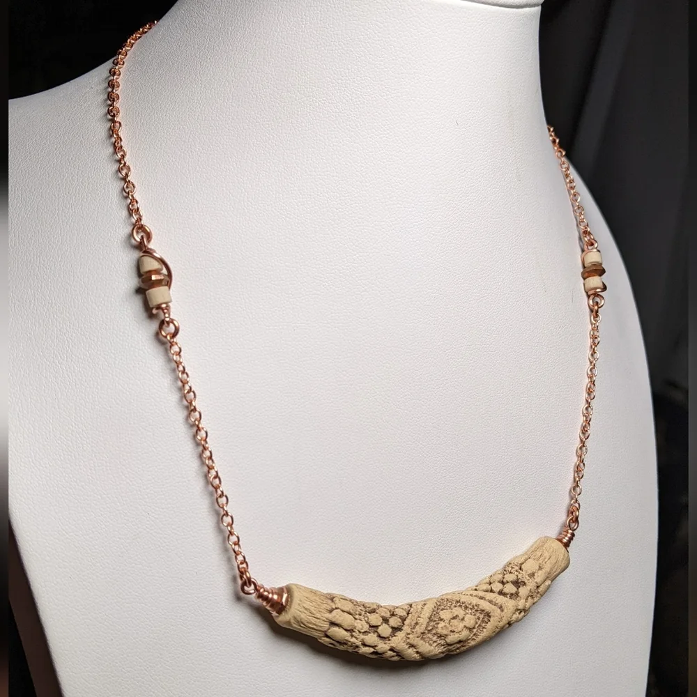 Vintage Embossed Ceramic Bar Necklace Artisan Crafted Jewelry Pure Copper Chain - Picture 11 of 16